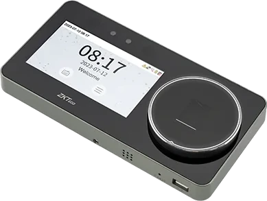 Le même terminal vu de trois-quarts : boîtier plat, grille de haut-parleur sur la tranche et port USB sous le lecteur de badge.